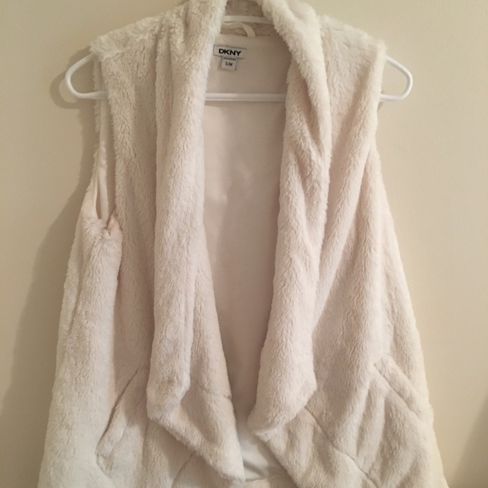 DKNY white fuzzy vest